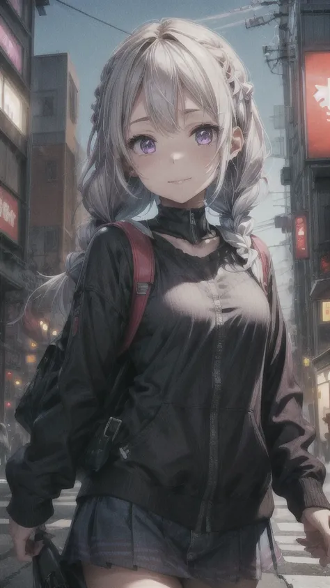 Disorganized、Man and woman couple、highest quality、Masterpiece、Official Art、16K、The best composition、The best light source、The girl has milky white hair with purple inner color, twin long braids, and black clothes in a cyberpunk style.、The man has milky whi...