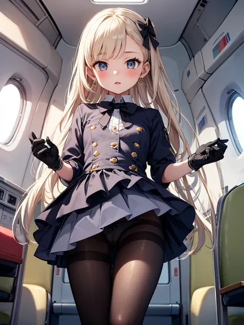 masterpiece, best quality, 1 girl, solo, 6 years old, small breasts, ingridms, hairpods, gloves, skirt, pantyhose, bow, dress, black pantyhose, black panties under pantyhose, airplane interior, looking through legs,