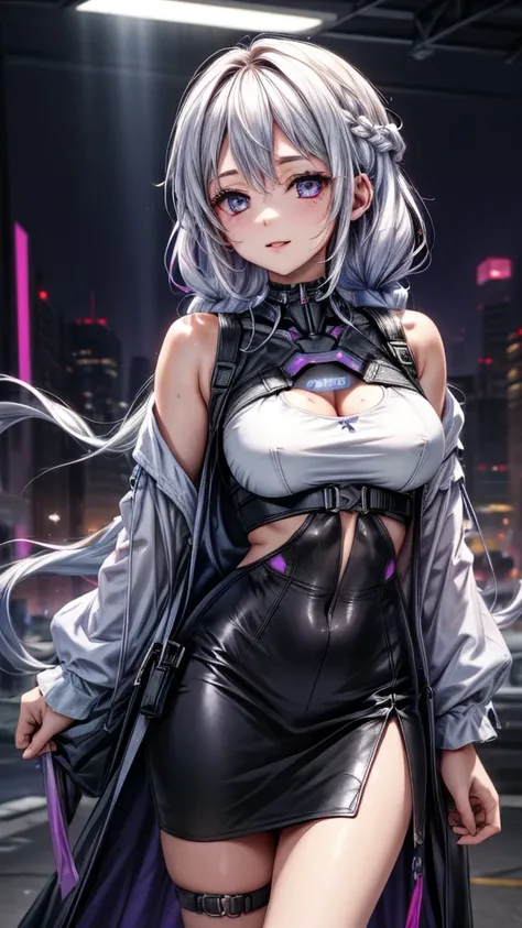 Disorganized、Man and woman couple、highest quality、Masterpiece、Official Art、16K、The best composition、The best light source、The girl has milky white hair with purple inner color, twin long braids, and black clothes in a cyberpunk style.、The man has milky whi...