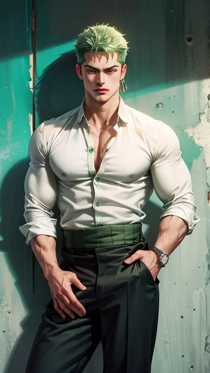 Handsome, High quality, 4k, 8k, 1 man, alone, Rononoa Zoro, green hair, shirt, pants, sexy, plain wall in the background, tanned skin, muscular