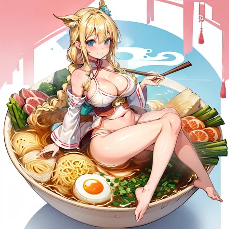 One girl,alone,blue eyes,Long Blonde Hair,Braided in front,smile,whole body,foot,Super big breasts,Korean traditional clothing,Mini Girl, With food,In the container,In a ramen bowl,soup, 拉noodles, noodles,no,meat,green onion,Partially submerged,sweet,vapor...