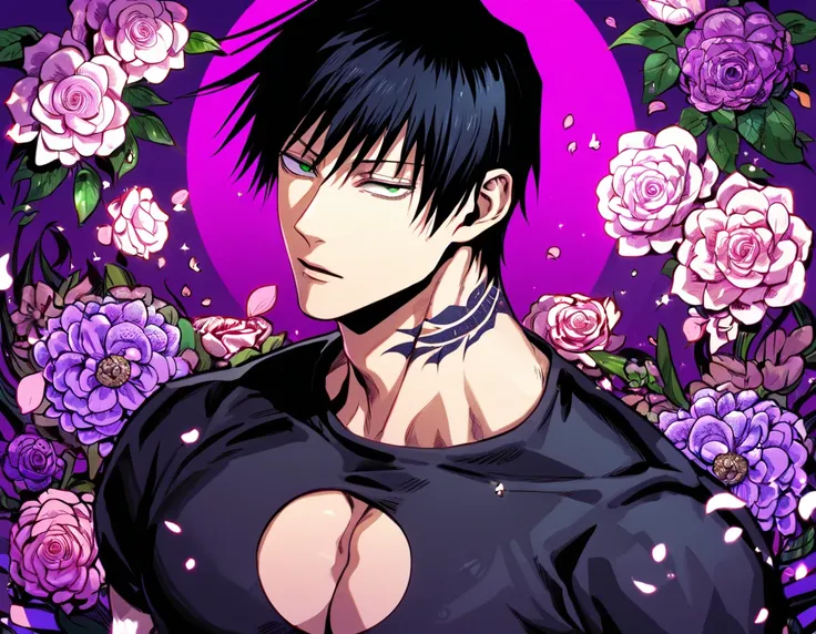 Ultra detailed, HDR, Highres, absurdres, master piece, Fushiguro Touji, black straight hair, expressive green eyes, Jujutsu Kaisen, purple background, petals, fantasy, purple flowers, sexy man, solo, extremely detailed face and eyes, handsome, glittering, ...