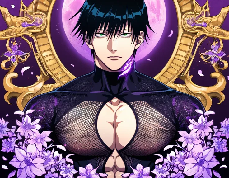 Ultra detailed, HDR, Highres, absurdres, master piece, Fushiguro Touji, black straight hair, expressive green eyes, Jujutsu Kaisen, purple background, petals, fantasy, purple flowers, sexy man, solo, extremely detailed face and eyes, handsome, glittering, ...