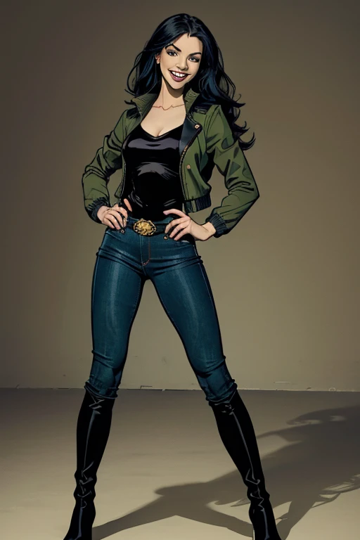 (full body:1.4).  Beautiful 24 yo woman of Irish descent. athletic figure,(pale:1.4)complexion. raven black hair, green eyes, cute butt, nice legs. Kind eyes,(joy:1.3),(smile:1.2). Jacket, blouse, skinny jeans, knee high boots.