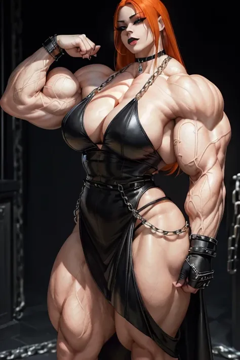 ((((Massive tall, beautiful, buff, pale white skinned muscular woman with orange hair, black lipstick, ginormous bulky muscles, surrounded by chains and wearing a beautiful black leather long dress)))), close view, beautiful black leather long dress, massi...