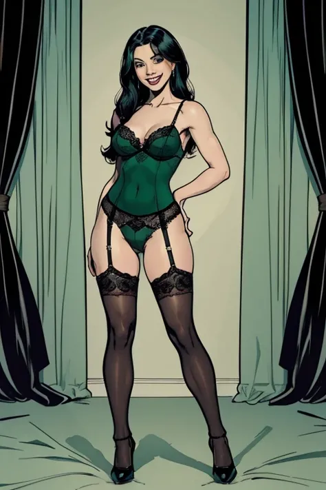 (full body:1.4).  Beautiful 24 yo woman of Irish descent. athletic figure,(pale:1.4)complexion. raven black hair, green eyes, cute butt, nice legs. Kind eyes,(joy:1.3),(smile:1.2). sheer lace lingerie, black stockings, vintage heels. Flirty.