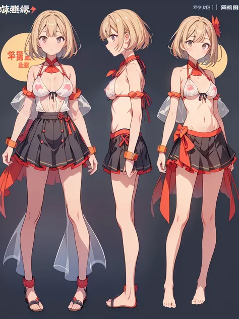 1girl、vtuber-fullbody、highest quality、Masterpiece、Official Art、The best composition、Super detailed、Standing in front of the viewer、short hair、bikini、Small breasts、barefoot、Transparent Background、Character design sheet、Standing figure、