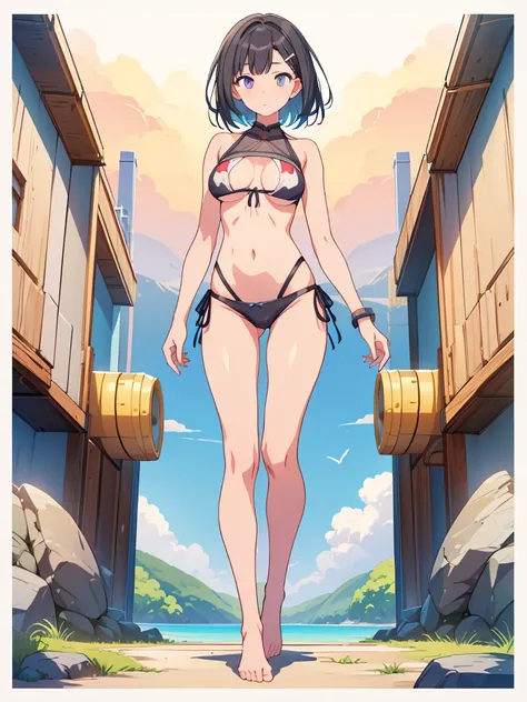 1girl、vtuber-fullbody、highest quality、Masterpiece、Official Art、The best composition、Super detailed、Standing in front of the viewer、short hair、Simple bikini、Small breasts、barefoot、Simple Background、Upright Pose、Character Design、