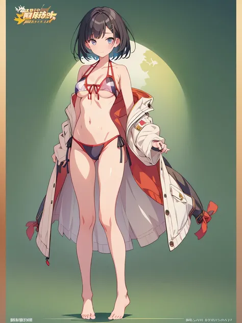 1girl、vtuber-fullbody、highest quality、Masterpiece、Official Art、The best composition、Super detailed、Standing in front of the viewer、short hair、Simple bikini、Small breasts、barefoot、Simple Background、Upright Pose、Character Design、