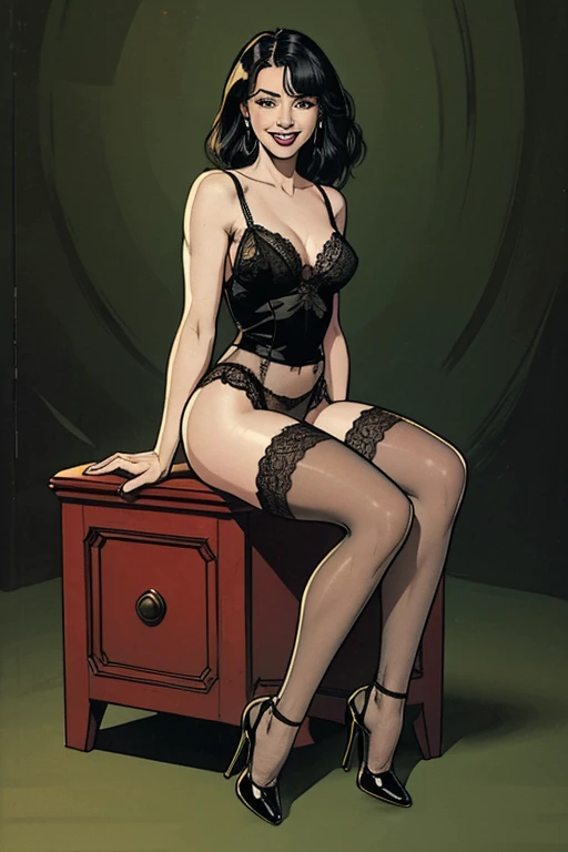 (full body:1.4).  Beautiful 24 yo woman of Irish descent. athletic figure,(pale:1.4)complexion. raven black hair, green eyes, cute butt, nice legs. Kind eyes,(joy:1.3),(smile:1.2). sheer lace lingerie, black stockings, vintage heels. Flirty.(sitting:1.2).