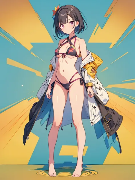 1girl、vtuber-fullbody、highest quality、Masterpiece、Official Art、The best composition、Super detailed、Standing in front of the viewer、short hair、Simple bikini、Small breasts、barefoot、Simple Background、Upright Pose、Character Design、