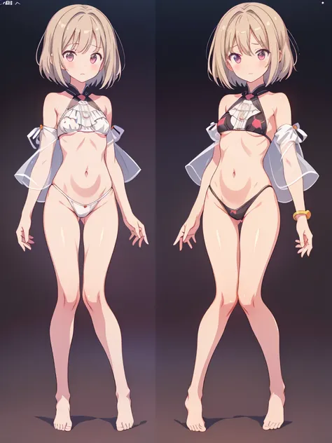 1girl、vtuber-fullbody、highest quality、Masterpiece、Official Art、The best composition、Super detailed、Standing in front of the viewer、short hair、bikini、Small breasts、barefoot、Transparent Background、Character design sheet、Standing figure、