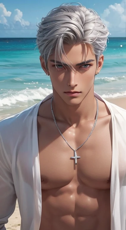 1 boy,Handsome，tall and strong,perfect male figure, eyes looking at camera, ((tanned skin)),beach，silver hair,serious expression,necklace,Ray tracing