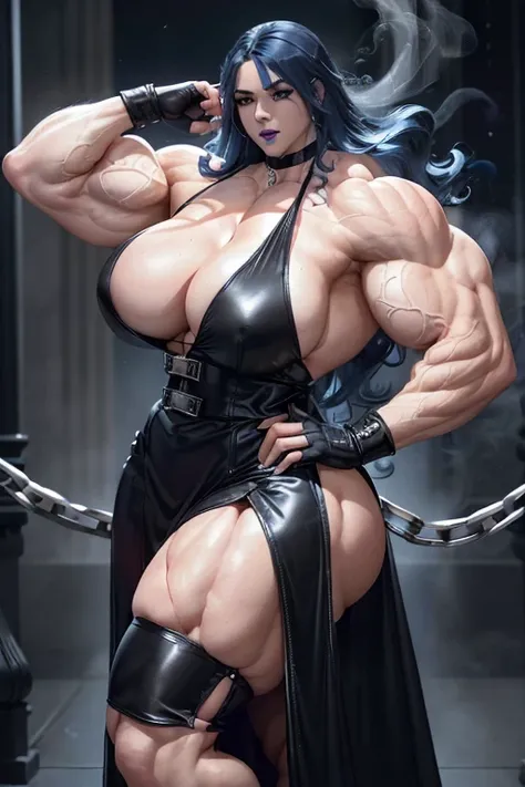 ((((Massive tall, beautiful, buff, pale white skinned muscular woman with royal blue hair, black lipstick, ginormous bulky muscles, gusty winds blowing the body and wearing a beautiful black leather long dress)))), close view, beautiful black leather long ...