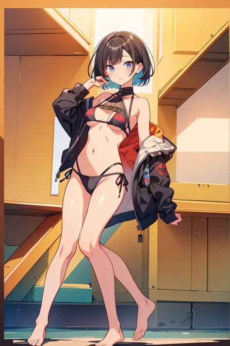 1girl、vtuber-fullbody、highest quality、Masterpiece、Official Art、The best composition、Super detailed、Standing in front of the viewer、short hair、bikini、Small breasts、barefoot、Simple Background、