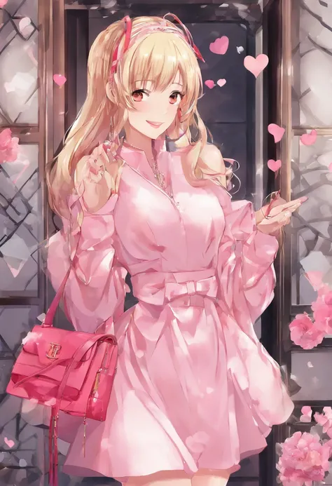 1girl, long blonde hair, high ponytail, hoop earrings, freshly painted nails, short pink dress, long sleeves, heart locket, gold necklace, pink designer heels, red lips, brown eyes, smiling, holding handbag, pink handbag