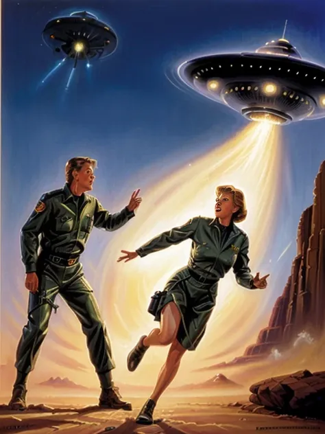 a painting of a woman being abducted by a flying saucer, greg hildebrand, tim hildebrandt, glenn angus, inspired written by mort...