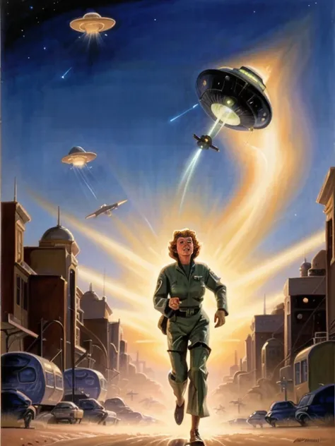 a painting of a woman being abducted by a flying saucer, greg hildebrand, tim hildebrandt, glenn angus, inspired written by mort...