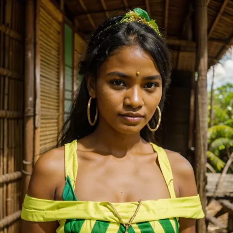 Beautiful woman, 22 years, Solomon islands 🇸🇧 , Melanesian ethnicity, dressed in traditional clothing yellow green