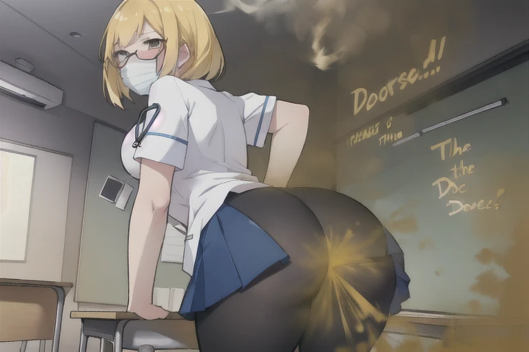 ((School girl))),wear the glasses,wear white ,wearing blue skirt,a bag hung on her back,Yellow smoke,Attacked by farts, Attack with farts,)),(attacks the male student with farts)),((wearing a  with legging and mask)),velocity,, (((Yellow smoke is rising ))...