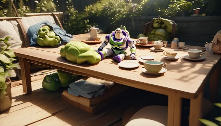 a highly detailed 3d render of a pixar buzz lightyear action figure, a hulk action figure made of plastic, plastic rag doll girls sitting around a pink wooden table in a backyard setting, detailed teacups and tea on the table, realistic lighting, natural c...