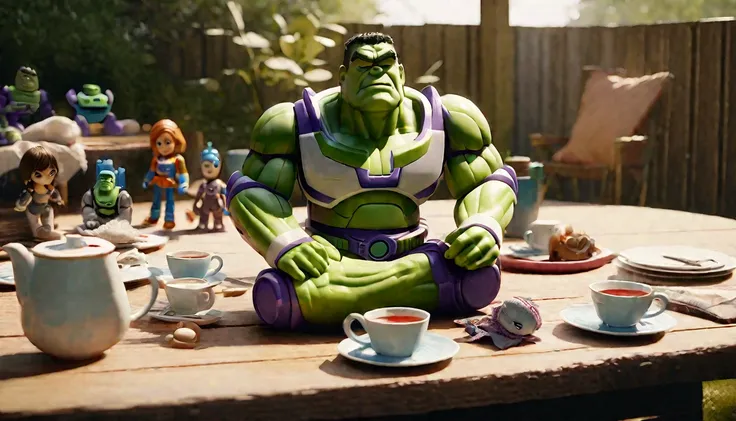 a highly detailed 3d render of a pixar buzz lightyear action figure, a hulk action figure made of plastic, plastic rag doll girls sitting around a pink wooden table in a backyard setting, detailed teacups and tea on the table, realistic lighting, natural c...