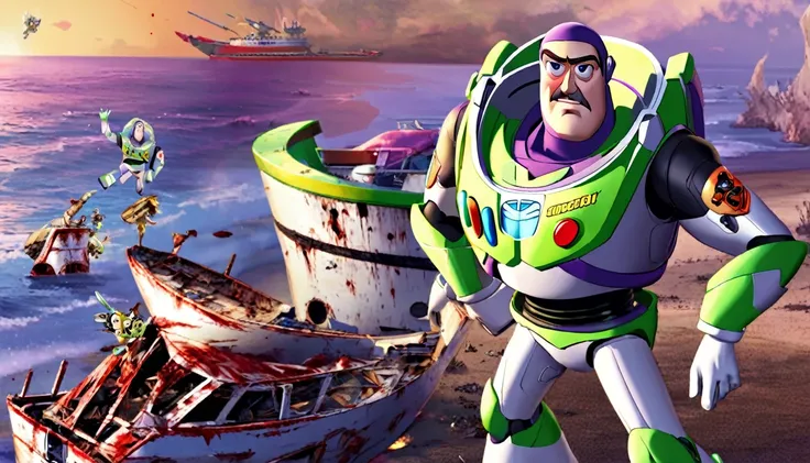 (Sean Connery as Buzz Lightyear), he is searching a wrecked vessel for survivors. The vessel shows signs of bloody battle vs aliens. Gritty scifi horror. Show him from head to toe