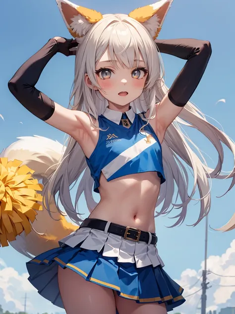 masterpiece, best quality, 1 girl, solo, 10 years old, flat chest ,cheerleader, belt, fox tail, fox ears, crop top, blue skirt, ...