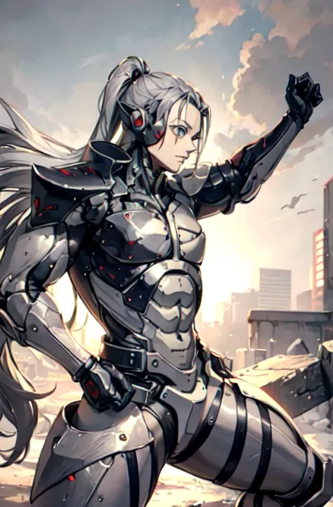 Samuel_Rodriguez, armor, cyborg, Combat Stance, Super detailed, masterpiece, highest quality,, Severe, One girl, (White eyes:1.1), (Grey Eyes:1.3), Gray Hair, Very long hair, Parted hair, Parted bangs, Medium chest,