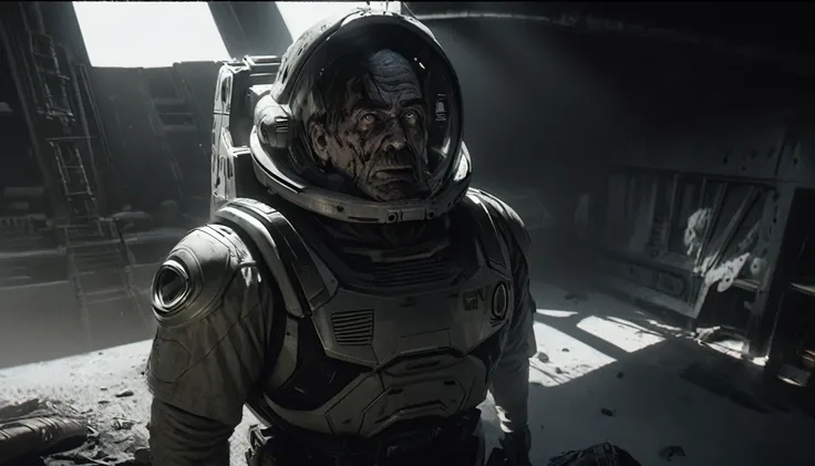 a rugged Sean Connery as Buzz Lightyear, searching a heavily damaged sci-fi spacecraft for survivors, the vessel shows signs of a bloody battle against alien invaders, gritty sci-fi horror atmosphere, full body portrait, highly detailed, hyperrealistic, ci...