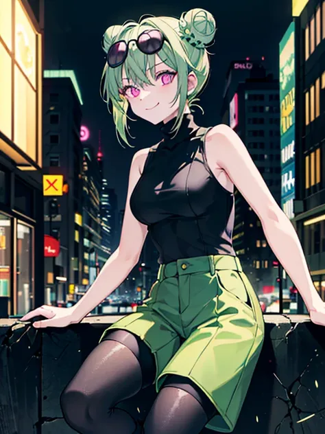 (highres), (detailed),1 girl, alone, medium hair, pastel green hair, twin buns, evil smile, glowing eyes, violet eyes, round bla...