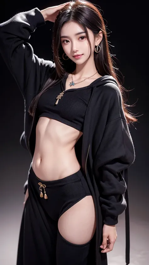 22 year old javanese female、hair color is black、brown eyes、long hair、straight hair、accessories on wrist、wearing a necklace、has earrings、skin is smooth、Slender but muscular body、smile、My abs are cracked、I can see my bellybutton、wearing a short hoodie、I&#39;...