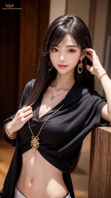 22 year old javanese female、hair color is black、brown eyes、long hair、straight hair、accessories on wrist、wearing a necklace、has earrings、skin is smooth、Slender but muscular body、smile、My abs are cracked、I can see my bellybutton、wearing a short hoodie、I&#39;...