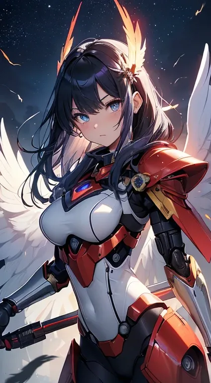 最high quality、Best image quality、masterpiece、With a girl((red and blue mechanical body armor、red mechanic arm、purple leg arms、Shining gold body line、16 years old、Ten generations、cute、Best Bust、Large bast,Beautiful light blue eyes、Spread your chest wide, si...