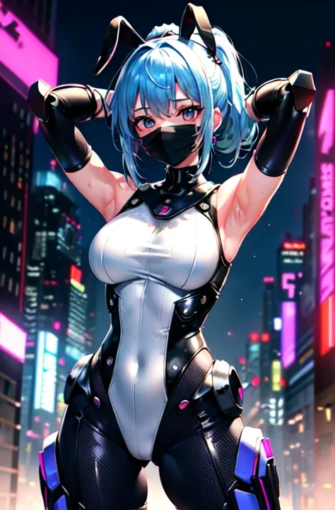 Super beautiful girl, (masterpieceの目:1.3), (Sleeveless Exoskeleton Bodysuit:1.3), Sweaty skin, (Blue Hair, ponytail), (Exposed armpits, exposed Underarm, Exposed crotch), cowboy_shot, Side Focus, Shiny, Huge_chest, wide_Waist, (Put your arms behind your he...