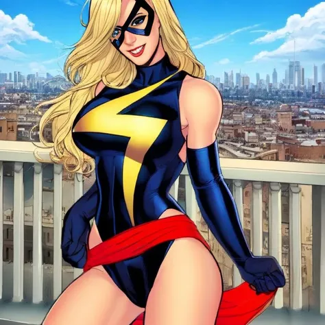 masterpiece, best quality, ms.marvel, bare shoulders, gloves, elbow gloves, black gloves, leotard, blonde hair, blue eyes, breas...