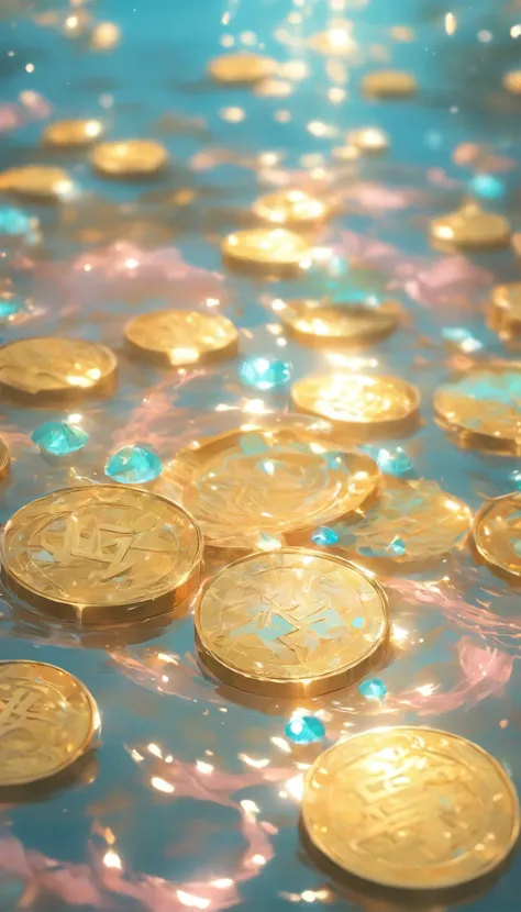 golden coins in the water,light pink and light aquamarine,y2k aesthetic,ethereal details,snapshot aesthetic,dreamlike naturaleza, light white, soft focal points --ar 9:16 --v 6.0