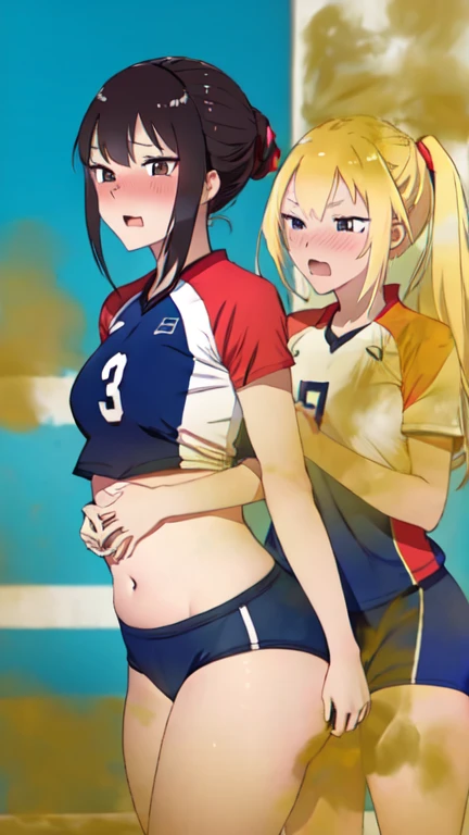 2 Asian girls, both girls farting side by side, desperate to poop, farting while playing volleyball, stomach growling, wearing volleyball outfit, chinese irl, tomboy, stomach bloated, hands hugging stomach, pained expression, shocked and embarrassed expres...