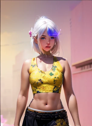 realistic, 1girl, white hair, purple eyes, glowing eyes, crop top, skirt, parted lips, blush, night, flowers, sun, sunlight,