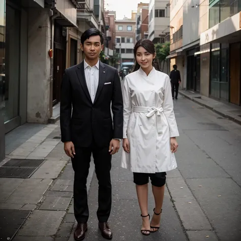 Photos of Indonesian men wearing formal clothes, jackets, black trousers paired with beautiful Japanese women wearing dresses. luxury building image background.   both of them are thin, tall, white. their faces smiled sweetly. using highlights, shadows, re...