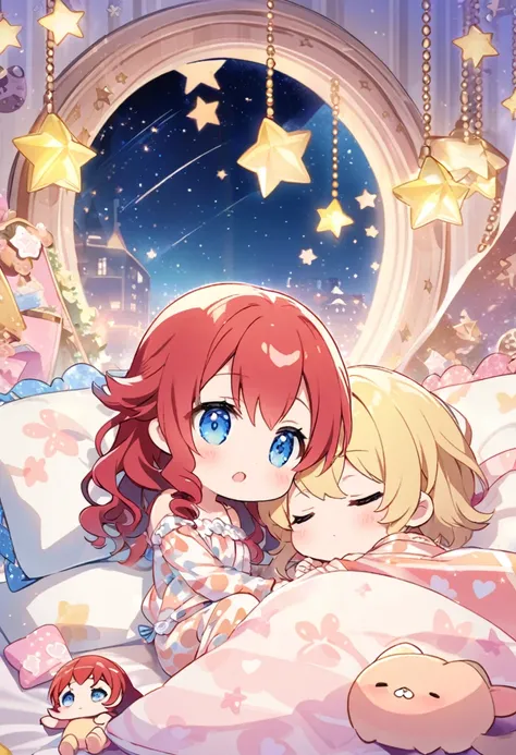 Chibi girl red hair wavy curly blue eyes in animal nightwear lying on a bed in the room with a girl with blonde hair blue eyes in animal nightwear lying together sleeping in a room with the view of stars in the place bright hearts background