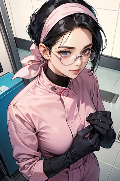 Wearing large pink rubber gloves and a white cloth wrapped around her head、A mature woman with glasses and black hair tied up in a blue long-sleeved jumpsuit cleans the urinals in a dirty public restroom with a gentle smile