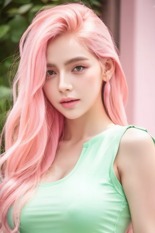 show off nipple,girl, Pink Hair, Green Eyes, Sharp features, White skin, Pink Lips, T-shirt sleeves