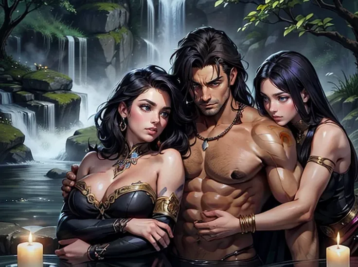 One Handsome short-haired tall huge barbarian beefy muscular Chad in center-of-composition hugging five beautiful bitches tackling him and touching him and feeling him and snuggling him,  dressed like goth punk witches princesses, perfect bodies, women: ve...