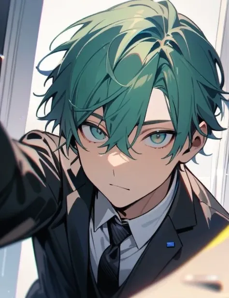 Masterpiece, best quality, high quality, 1 human boy, alone, male focus, looking at viewer, full body, blue-green hair, blue-green eyes, stylish black suit, black shoes, taking a camera selfie