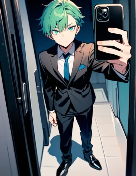 Masterpiece, best quality, high quality, 1 human boy, alone, male focus, looking at viewer, full body, blue-green hair, blue-green eyes, stylish black suit, black shoes, taking a camera selfie