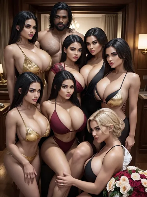 (Best Quality, 2k, Masterpiece, QHD: 1.3, A Handsome short haired african barbarian   man is surrounded by three women up against him touching him and gaze at him, at a mansion, wearing Tracksuits that show off body, perfect bodies, women: long flowing hai...