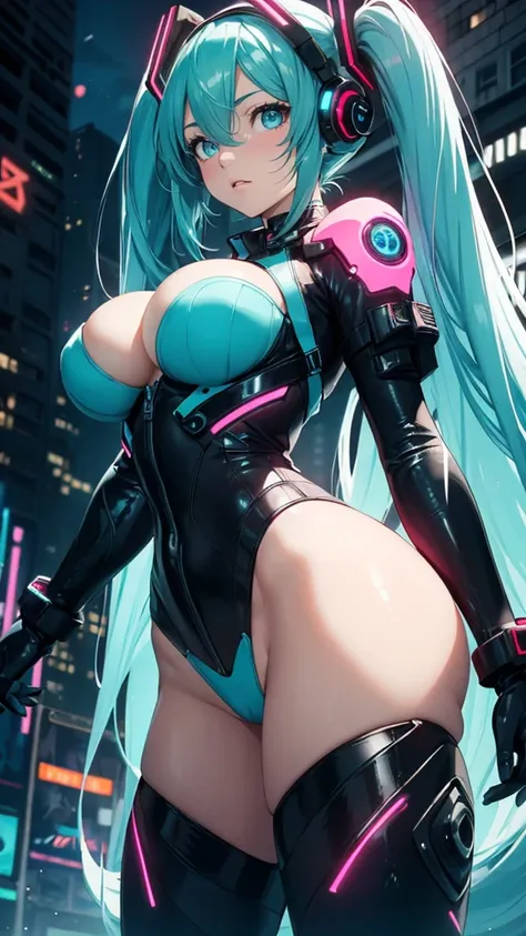 ((Highest quality))、(masterpiece)、Hatsune Miku VOCALOID、(Twin tails)、Light blue hair、Water-colored pupils、cyber punk、Ultimate Physical Beauty、Big Ass、(Big Breasts)、Bod ysuits、Sexy pose、12-year-old girl has electronic visor fitted to her face、red latex body...