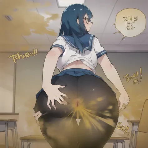 ((School girl))),wear the glasses ,(long hair),wear white shirt ,wearing blue skirt,a bag hung on her back,Yellow smoke,Attacked by farts, Attack with farts,)),(fills the classroom with farts)),((wearing a legging and glasses)),velocity,, (((Yellow smoke i...