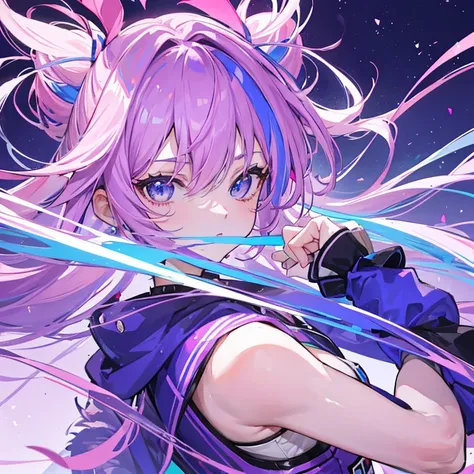 Bi sexual character, bi flag colors, pink and royal blue with an overlapping purple stripe in the center. Mostly pink and blue, small purple streaks or highlights. Hair has long pink roots, pink covering half of the hair, the tips to midpoint of the hair i...